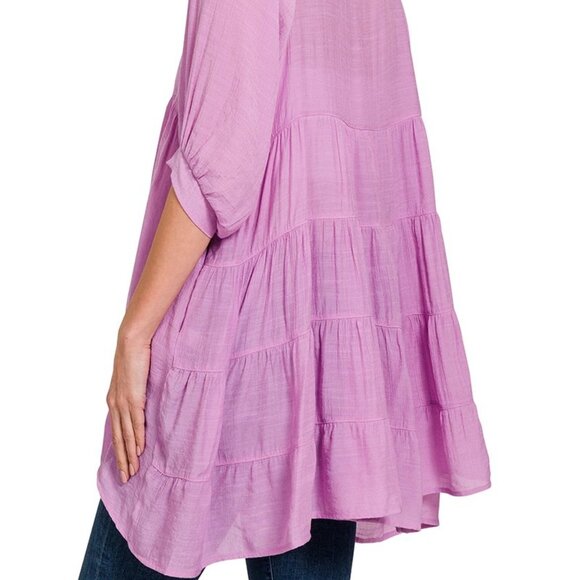 ZENANA S/M LINEN TIERED POCKETS SHIRT HI-LOW HEM BUTTON FRONT LAVENDER BLOUSE - Picture 4 of 5